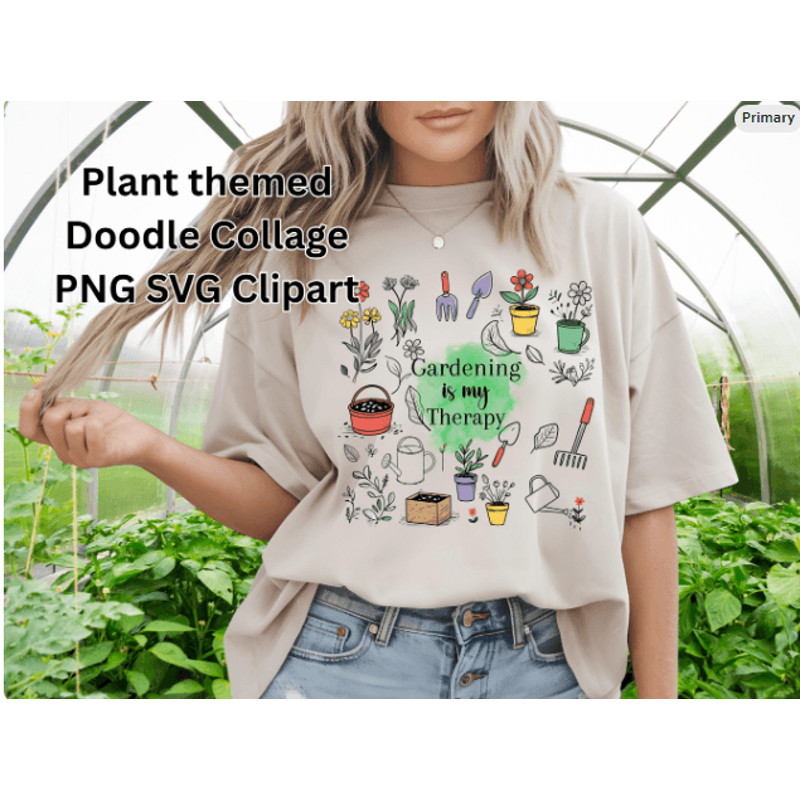 Gardening Doodle Collage 300 DPI PNG SVG Clipart Watering Can Plants Tools Flowers Transparent Back 0
