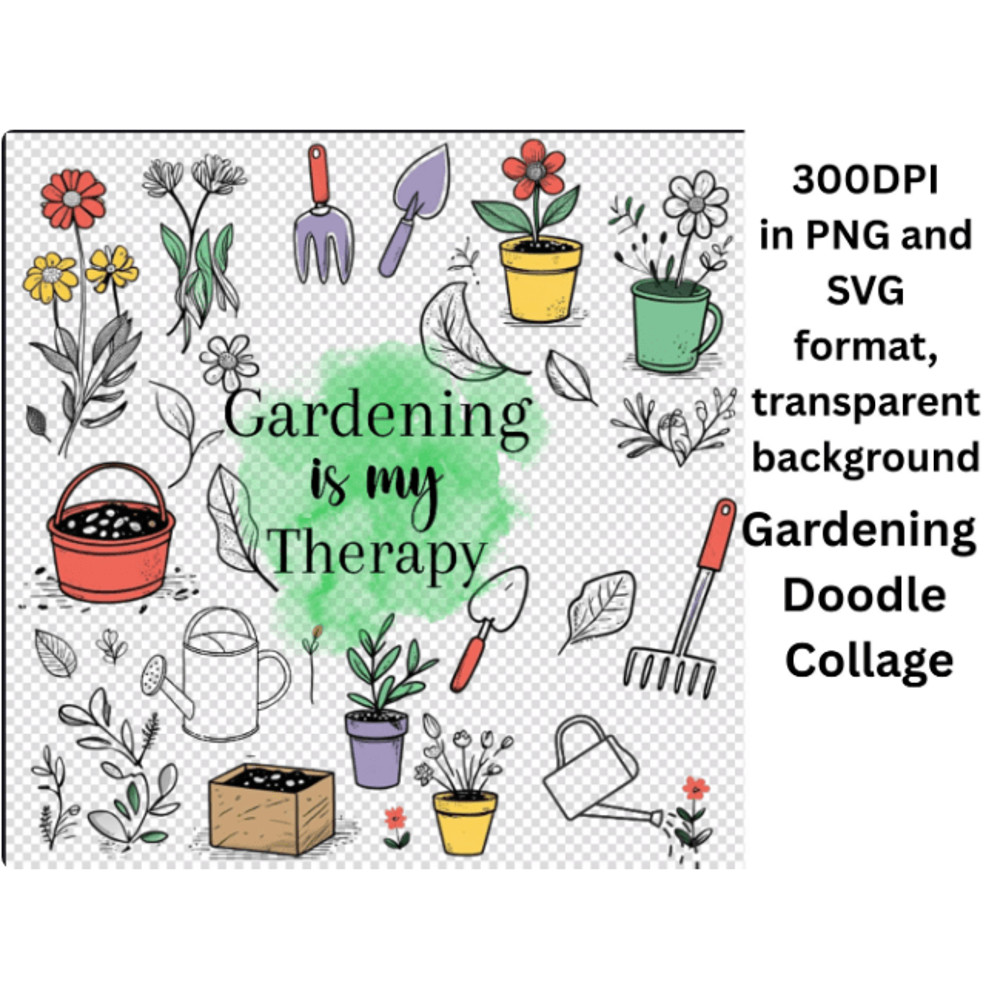 Gardening Doodle Collage 300 DPI PNG SVG Clipart Watering Can Plants Tools Flowers Transparent Back 1