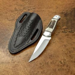 handcrafted hunting knife with stag antler handle & leather sheath – premium fixed blade survival knife