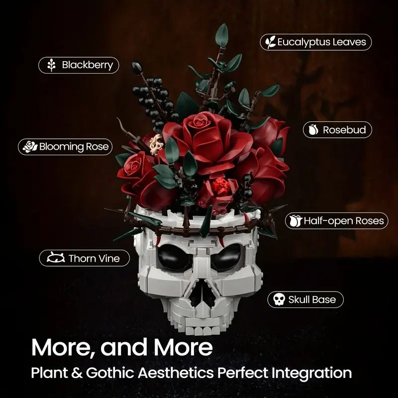 Gothic Skull Roses 3D Building Block Set 1101 Piece Dark Art DIY Model Collectible Home Decor Gi 4