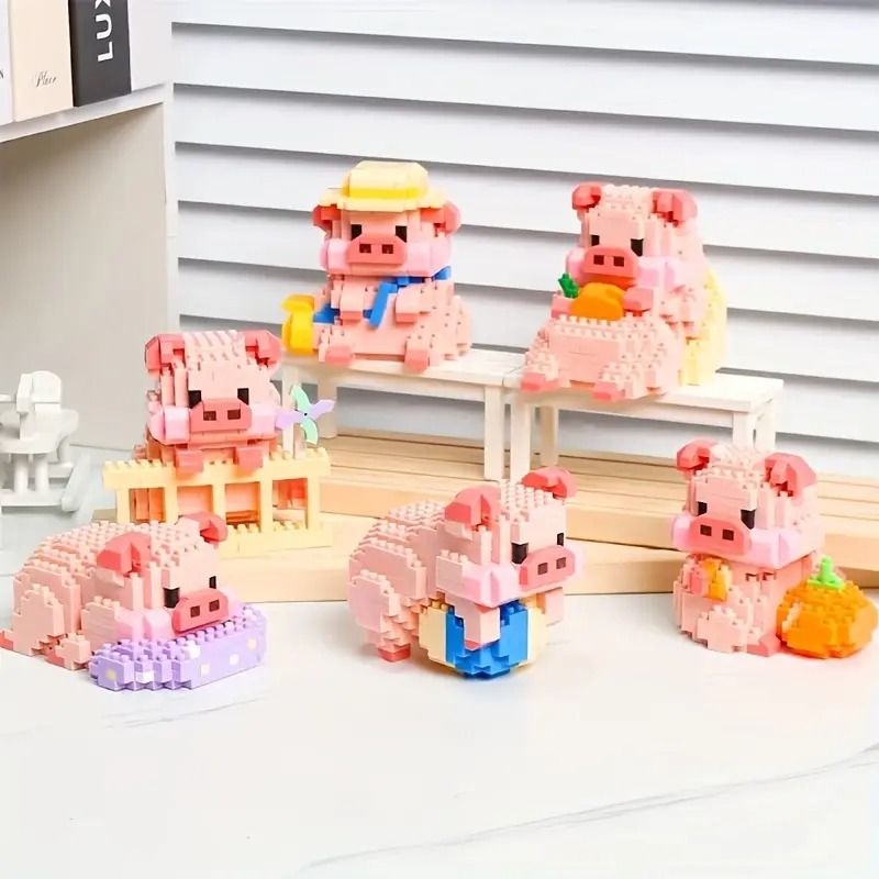DIY Pink Pig Family 3D Building Block Set 6 Mini Pigs Cute Animal Puzzle Tabletop Decor Gift For 0