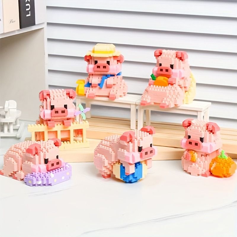 DIY Pink Pig Family 3D Building Block Set 6 Mini Pigs Cute Animal Puzzle Tabletop Decor Gift For 1