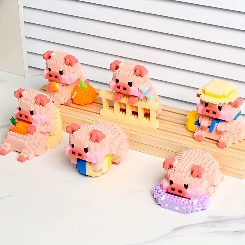 DIY Pink Pig Family 3D Building Block Set 6 Mini Pigs Cute Animal Puzzle Tabletop Decor Gift For 2