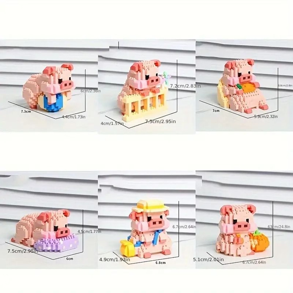 DIY Pink Pig Family 3D Building Block Set 6 Mini Pigs Cute Animal Puzzle Tabletop Decor Gift For 5