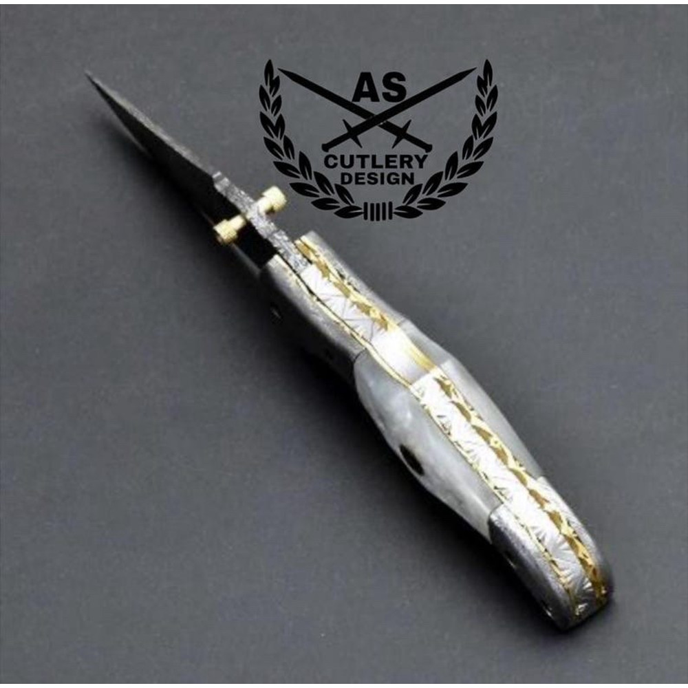Damascus Folding Knife Pearl Handle Leather Sheath Sharpener 1