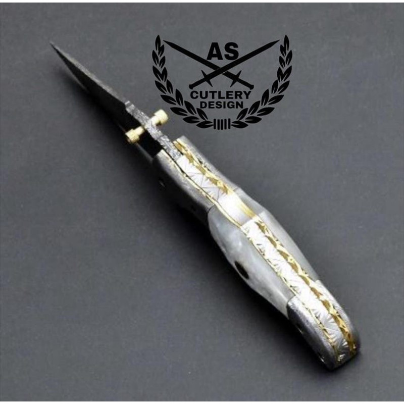 Damascus Folding Knife Pearl Handle Leather Sheath Sharpener 1
