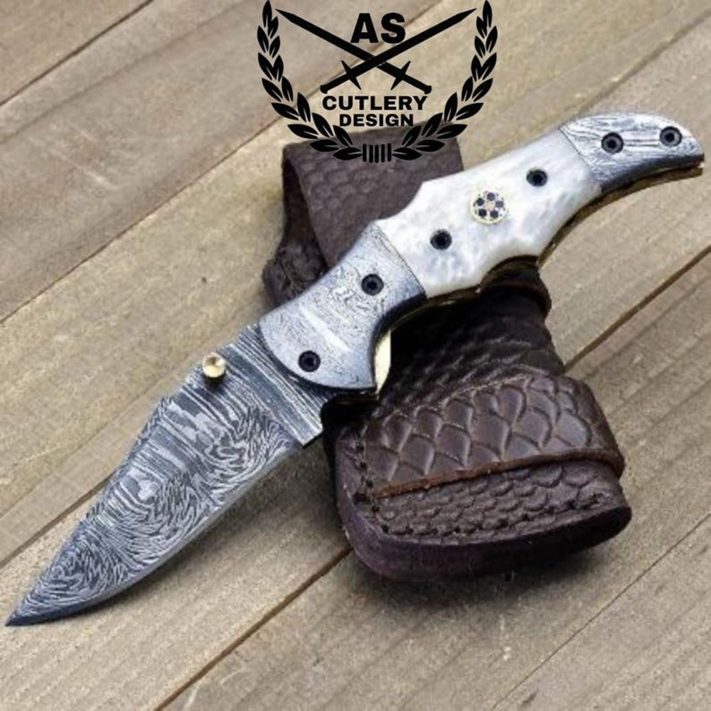 Damascus Folding Knife Pearl Handle Leather Sheath Sharpener 2