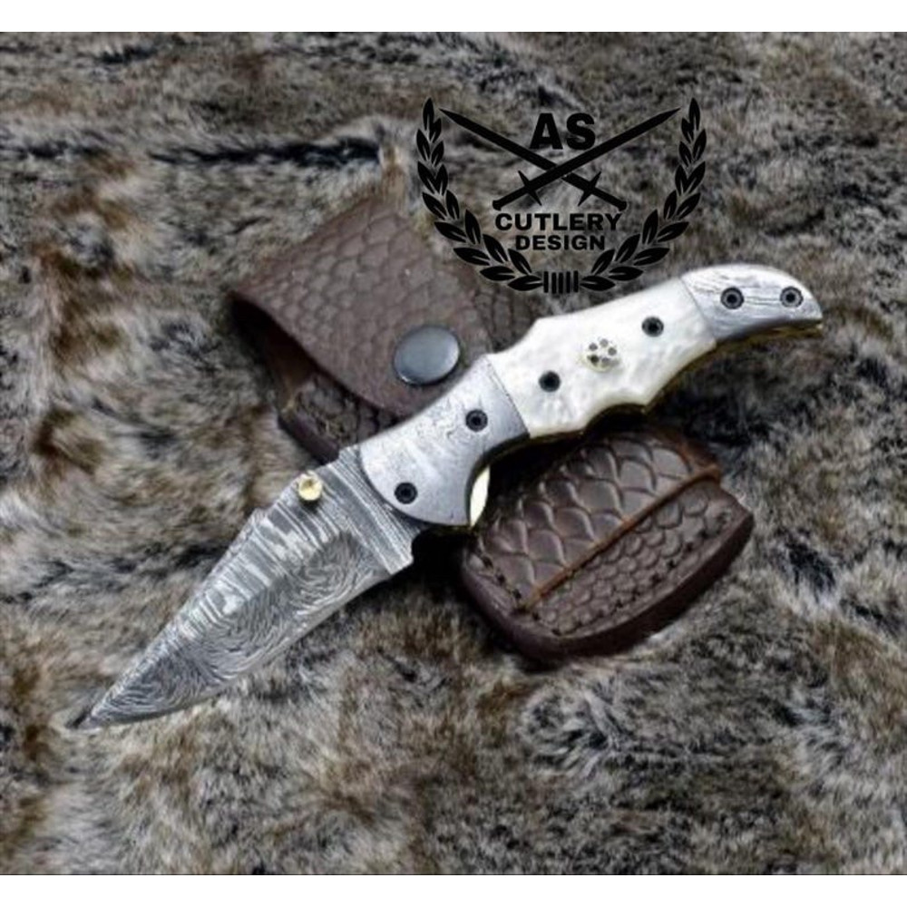 Damascus Folding Knife Pearl Handle Leather Sheath Sharpener 3