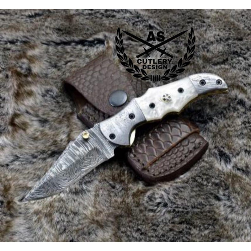 Damascus Folding Knife Pearl Handle Leather Sheath Sharpener 3