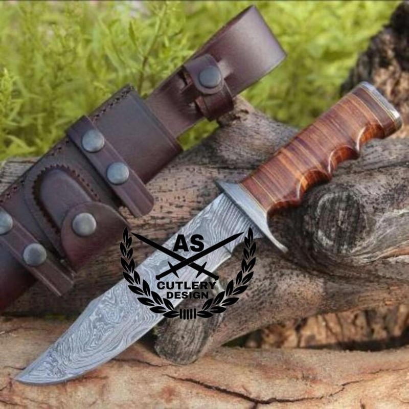Flux Hunting Bowie Damascus Knife With Stacked Leather Handle 0