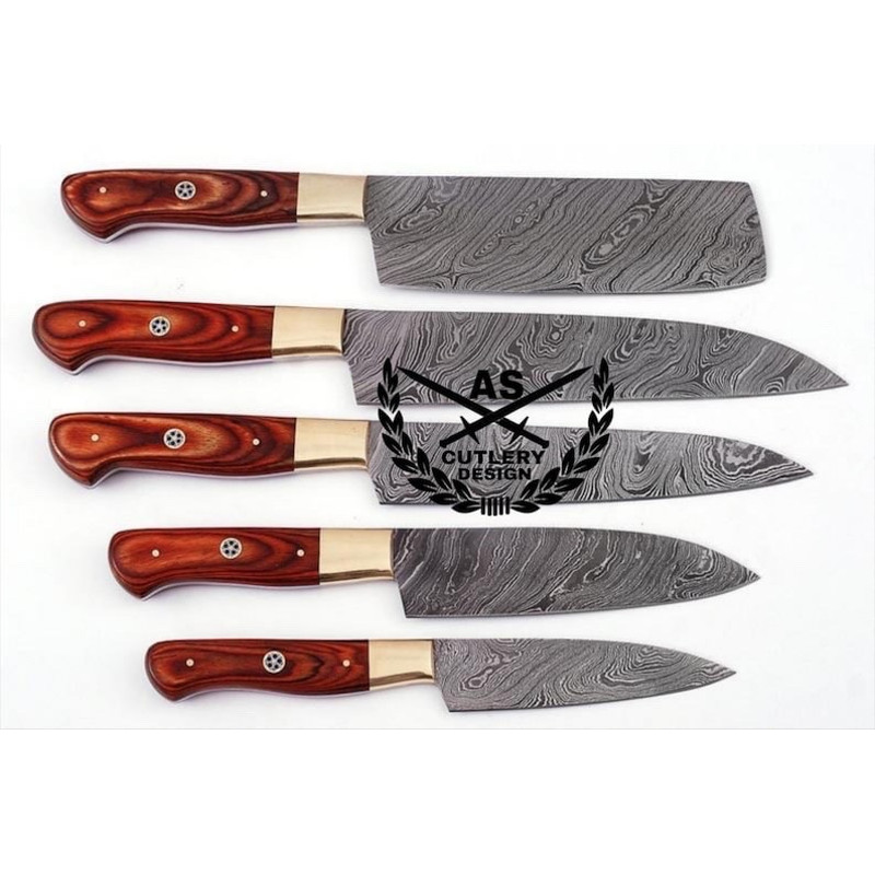 Custom Handmade Damascus Kitchen Knives Set 5 With Leather Bag 1