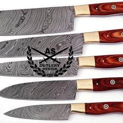 custom handmade damascus kitchen knives set 5 with leather bag