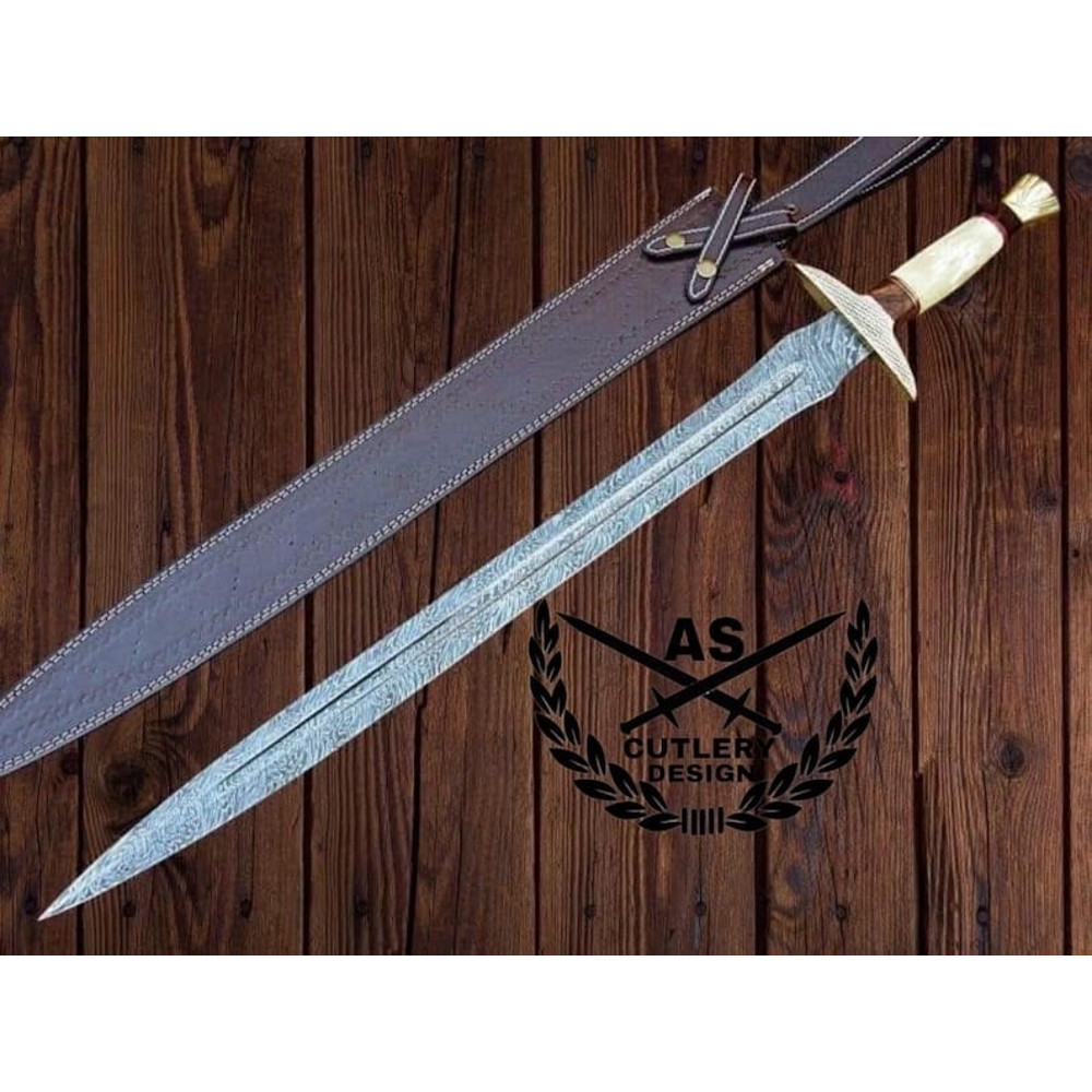 Custom Handmade Damascus Steel Sword 36 With Leather Sheath 1
