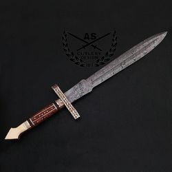 custom handmade damascus hunting sword 24.25" with leather sheath
