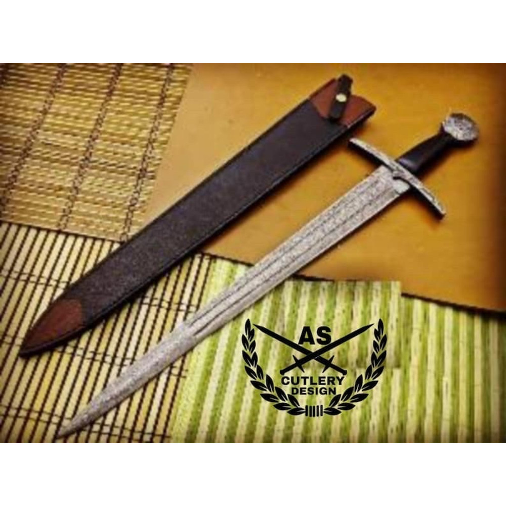 Bastard Sword  Longsword High Carbon Damascus Steel Sword 27 With Leather Sheath 2