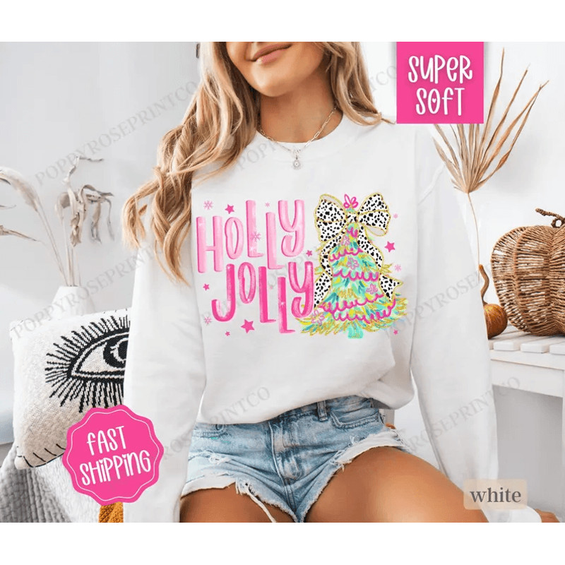 Holly Jolly Sweatshirt Cute Christmas Sweater Womens Holiday Crewneck Holiday Party Sweater Christm 0