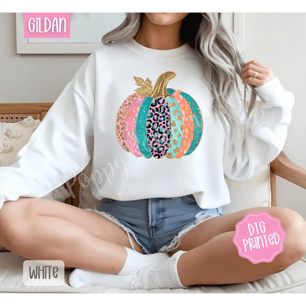 Leopard Pumpkin Sweatshirt Trendy Autumn Crewneck Cute Leopard Pumpkin Sweater Faux Glitter Pumpkin 0
