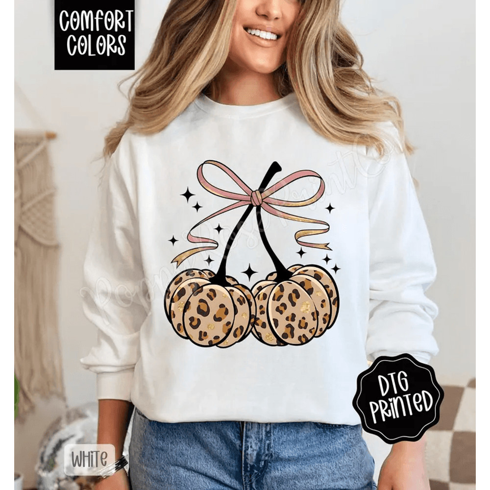 Fall Leopard Cherries Comfort Colors Sweatshirt Trendy Autumn Bow Crewneck Cute Coquette Cherry Swe 0