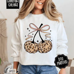 fall leopard cherries comfort colors sweatshirt, trendy autumn bow crewneck, cute coquette cherry sweater, leopard pumpk