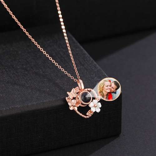 Personalized Flower Heart Micro-carved Name / Photo Projection Necklace Valentine's Day Birthday Gift for Women