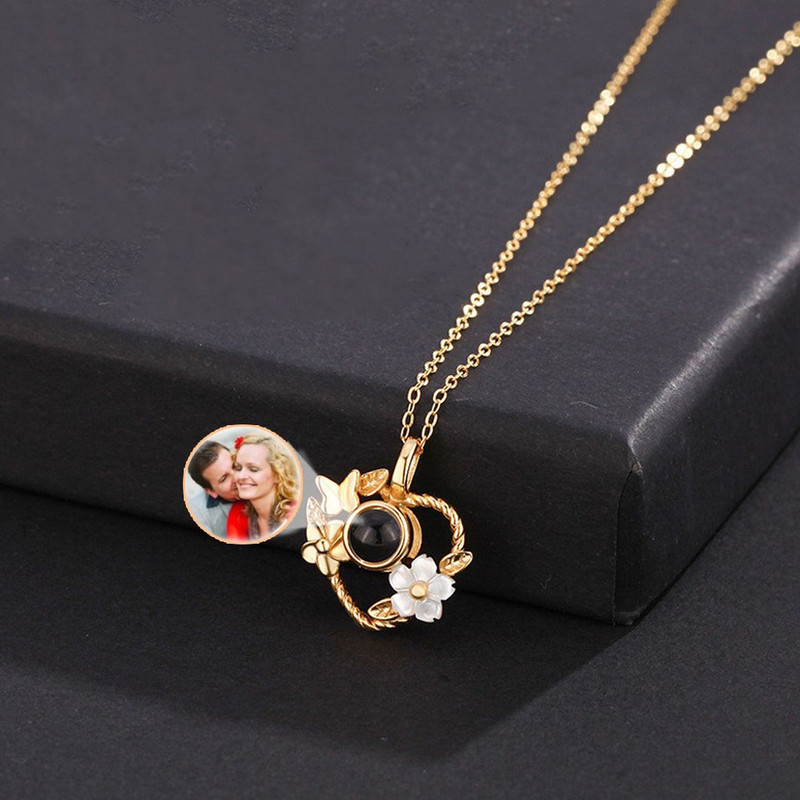 Personalized Flower Heart Microcarved Name Photo Projection Necklace Valentines Day Birthday Gift