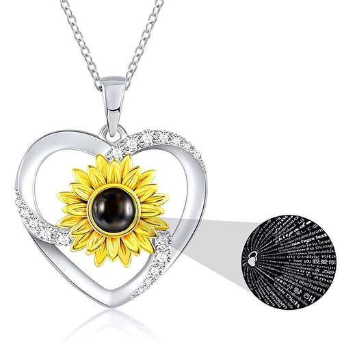 Personalized Heart Sunflower Micro-carved Name / Photo Projection Necklace Valentine's Day Birthday Christmas Gif