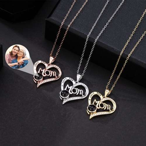 Personalized Flower Mom's Heart Micro-carved Name / Photo Projection Necklace Mother's Day Gift Birthday Gift for Mother