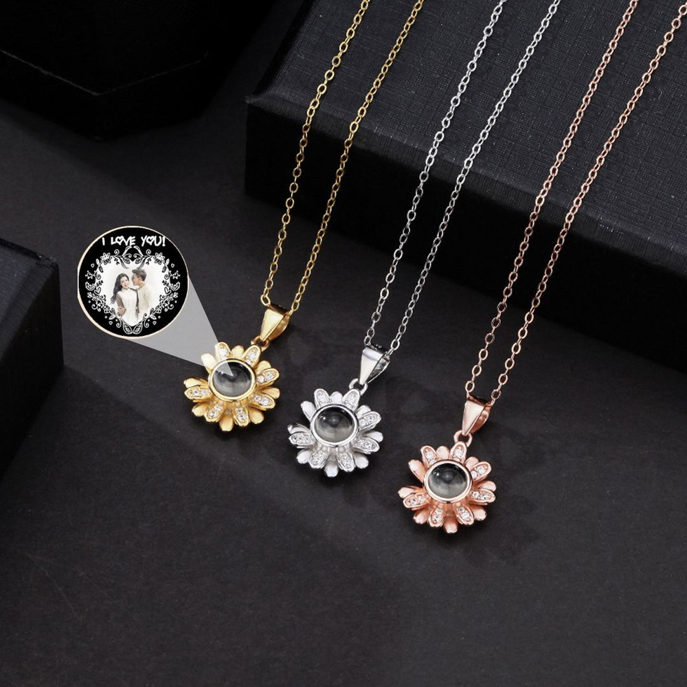 Personalized Sunflower Microcarved Name  Photo Projection Pendant Necklace S925 Sterling Silver Cus 0