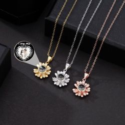 personalized sunflower micro-carved name / photo projection pendant necklace s925 sterling silver customized necklace