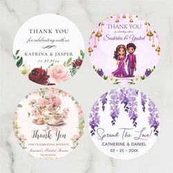 thank you circular stickers, customized wedding labels, personalized gifts for weddings, birthdays, baptisms