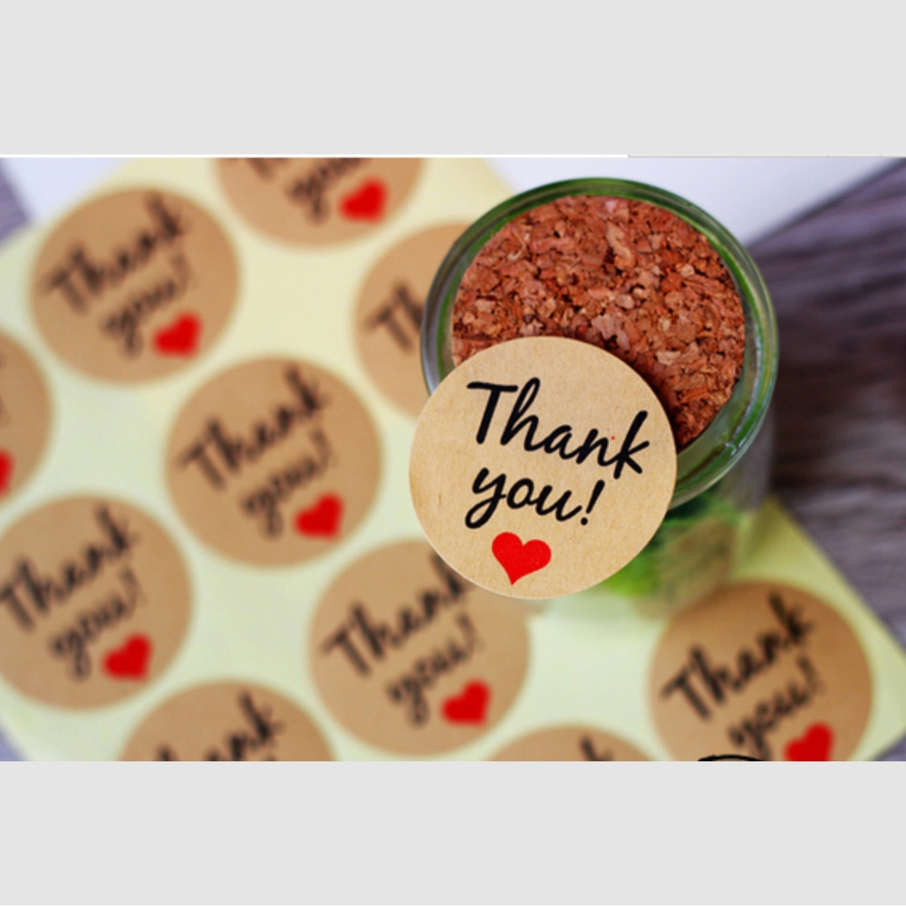 Kraft Paper Thank You Stickers, Red Heart Labels for Bakery Takeout Packaging