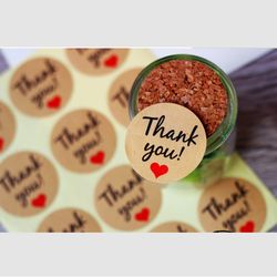kraft paper thank you stickers, red heart labels for bakery takeout packaging