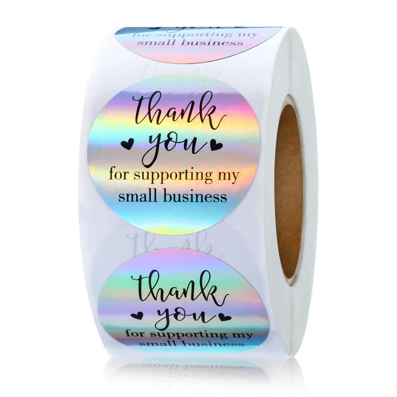 Colorful Rainbow Laser Thank You Label, Reflective Business Sticker for Decoration, Shiny Holographic Thank You Stickers