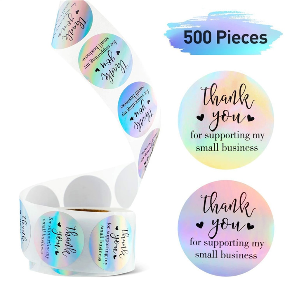 Colorful Rainbow Laser Thank You Label, Reflective Business Sticker for Decoration, Shiny Holographic Thank You Stickers