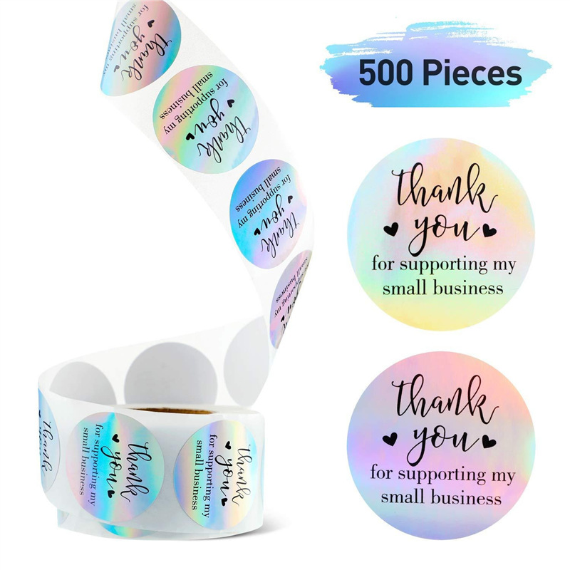 Colorful Rainbow Laser Thank You Label, Reflective Business Sticker for Decoration, Shiny Holographic Thank You Stickers