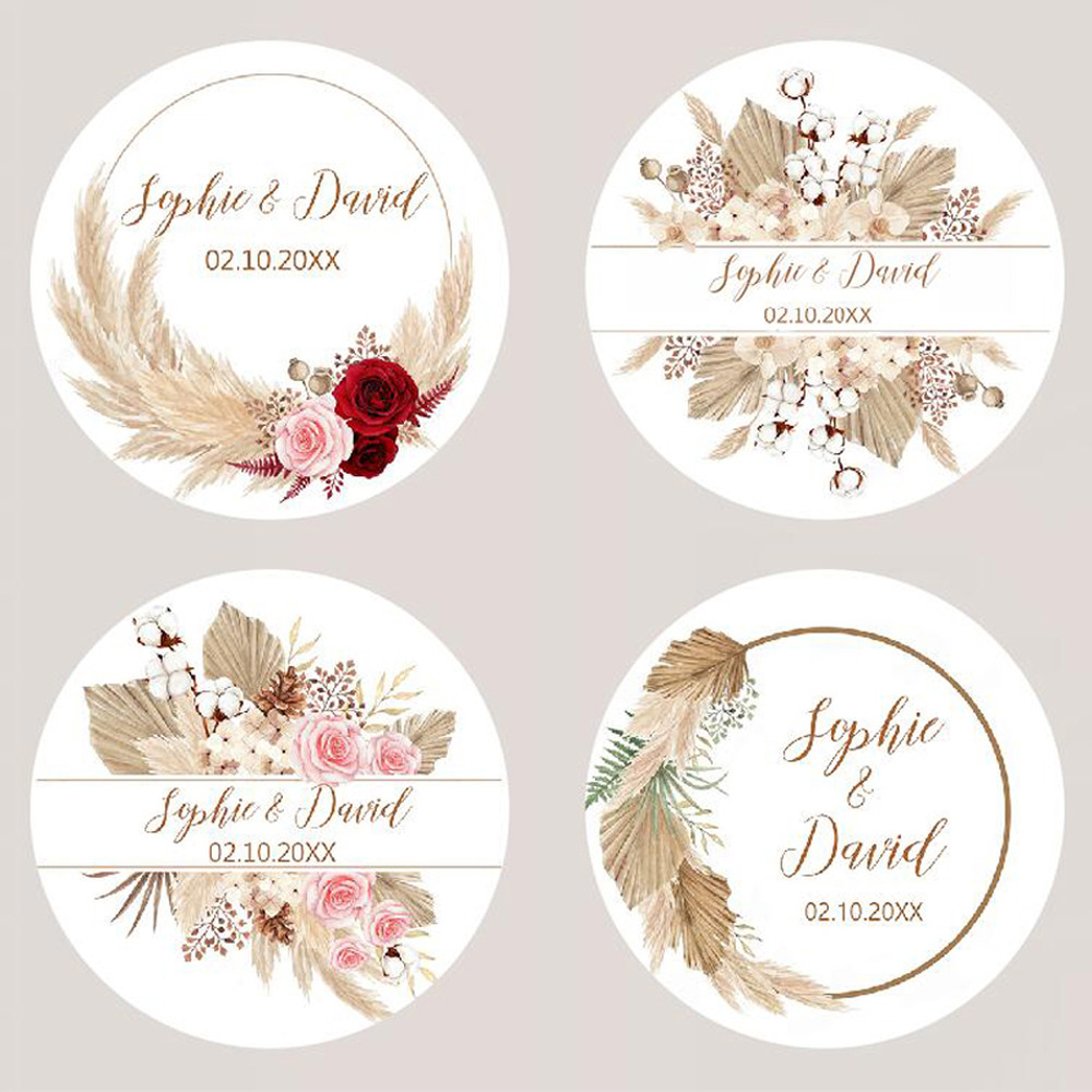 Customized Wedding Stickers, Pampas Grass Labels, Personalised Birthday Baptism Stickers, Party Sealing Decor Supplies
