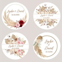 customized wedding stickers, pampas grass labels, personalised birthday baptism stickers, party sealing decor supplies