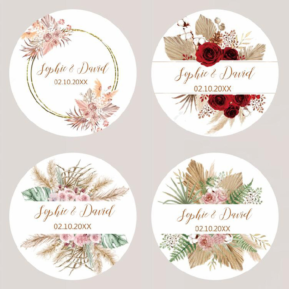 Customized Wedding Stickers, Pampas Grass Labels, Personalised Birthday Baptism Stickers, Party Sealing Decor Supplies