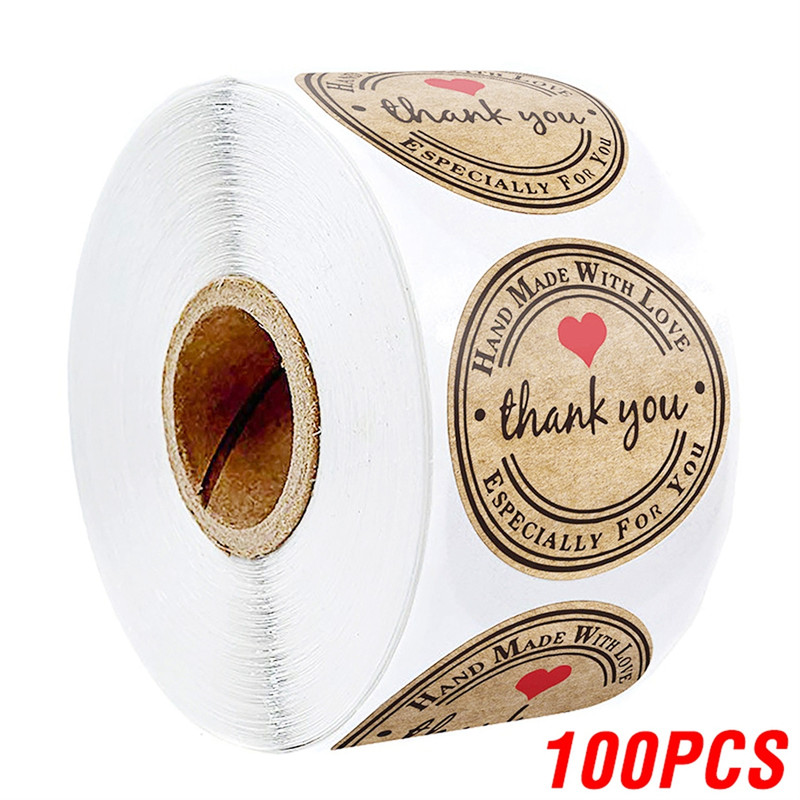 Heart Shape Natural Kraft Thank You Stickers, Seal Labels for Scrapbooking, Package, Stationery Stickers