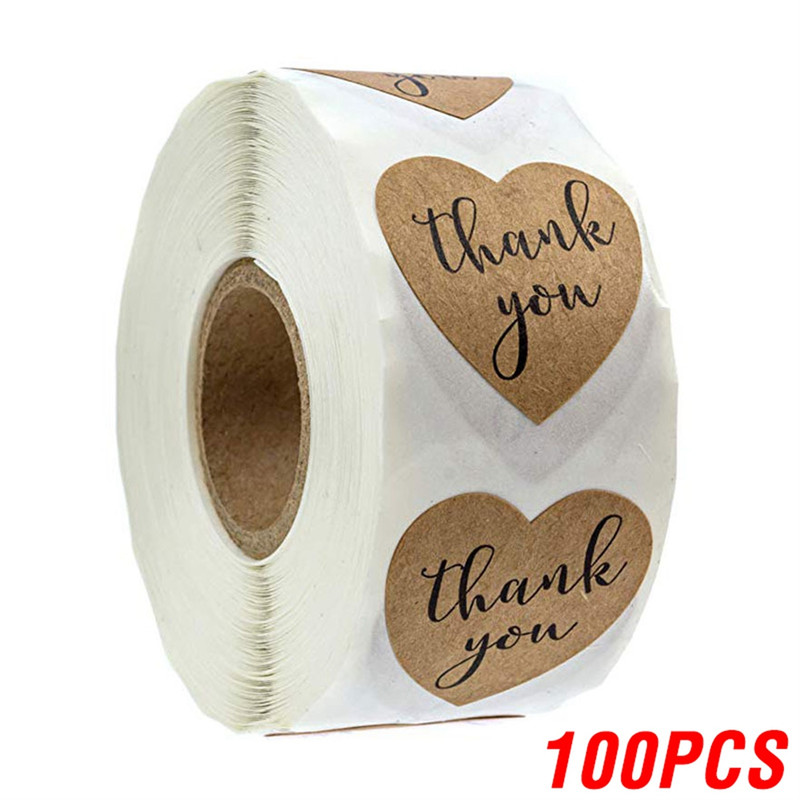 Heart Shape Natural Kraft Thank You Stickers, Seal Labels for Scrapbooking, Package, Stationery Stickers