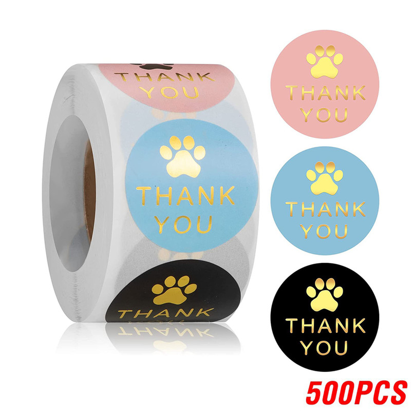 Round Paw Print Stickers, Thank You Labels, Self-Adhesive Stickers for Gift Box, Bags, and Package Decoration