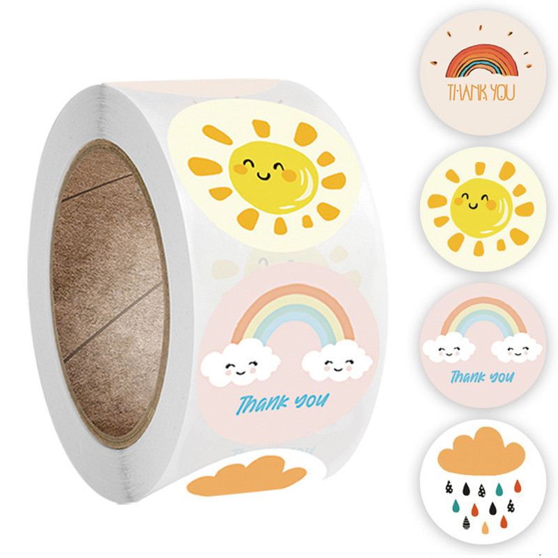 Cute Cartoon Sun Rainbow Clouds Stickers, Round Thank You Labels, Handmade Gift Decor Stickers, Kids Reward Label Set