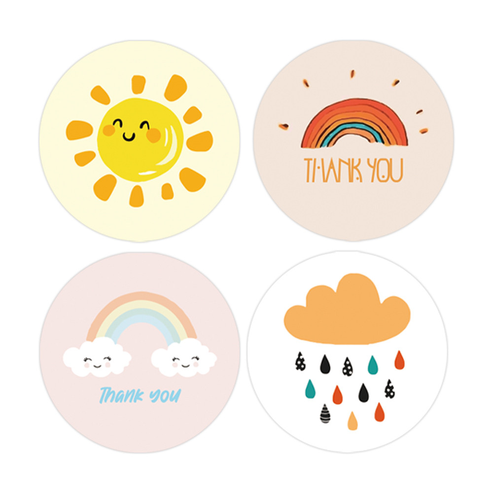 Cute Cartoon Sun Rainbow Clouds Stickers, Round Thank You Labels, Handmade Gift Decor Stickers, Kids Reward Label Set