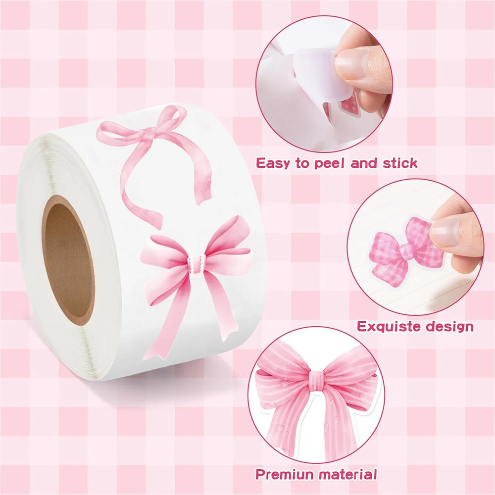 Polka Dot Pink Bow Sticker Cute Plaid Sealing Stickers Decals Gift Box Packaging Party DIY Decorati 1