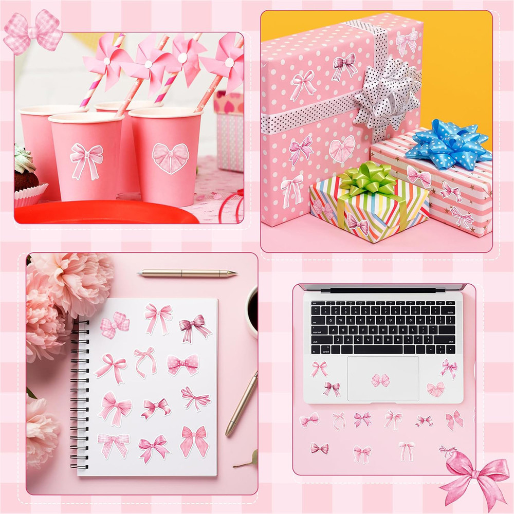 Polka Dot Pink Bow Sticker Cute Plaid Sealing Stickers Decals Gift Box Packaging Party DIY Decorati 2