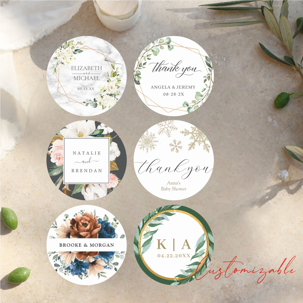 Customized gift labels with personalized stickers for weddings, birthdays, baptisms, parties, and other occasions