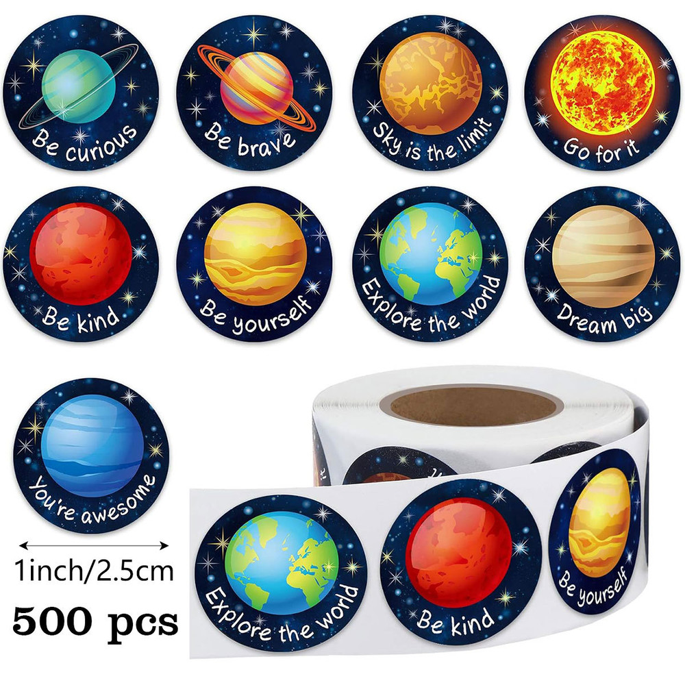 Cartoon Round Seal Stickers Rolls, 500PCS Round Planet Stickers, Graffiti Luggage Sealing Label Decals Toys