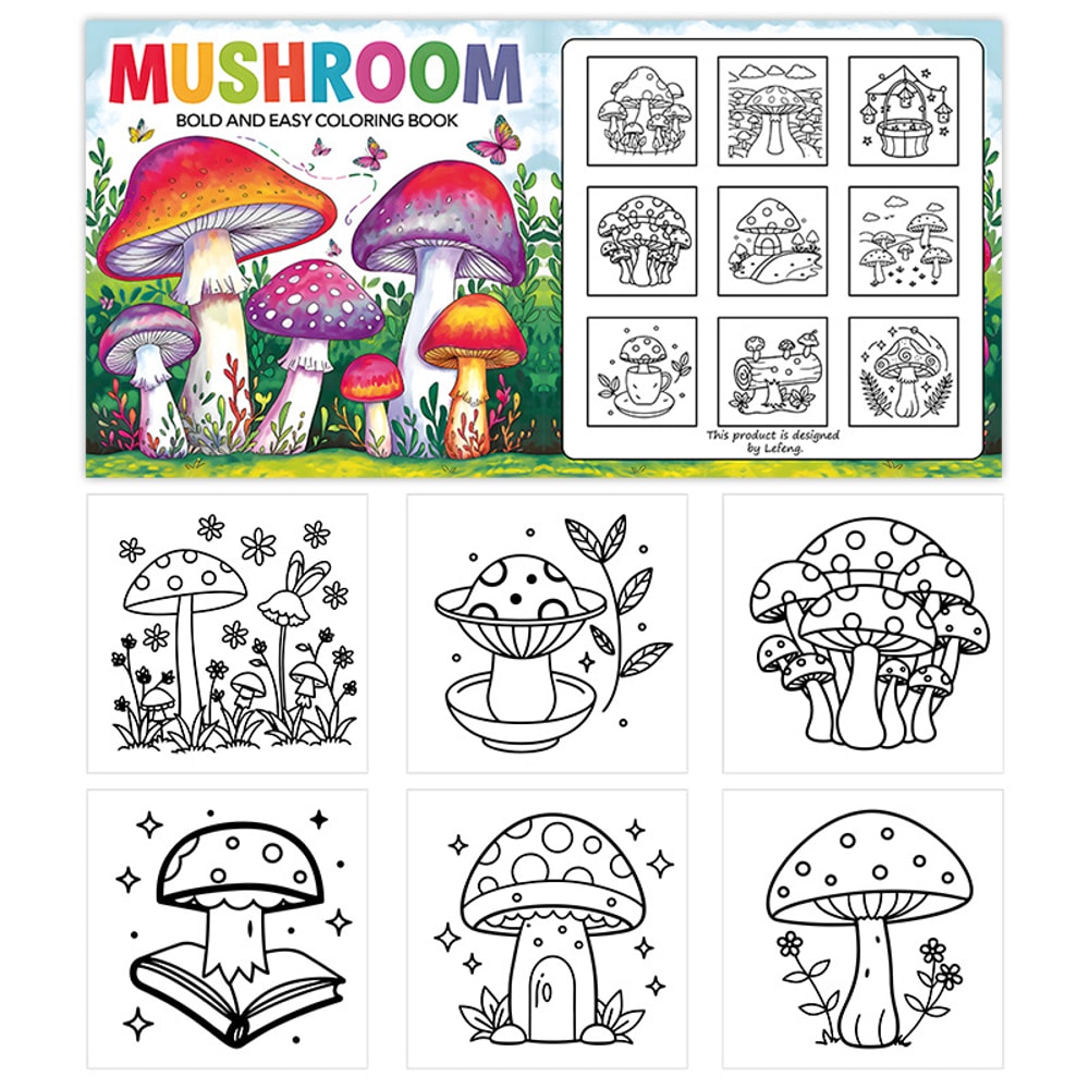 Art Therapy Coloring Book for Adults, Simple Fun Designs, Bold Mushroom Illustrations for Relaxing Activity, Kids