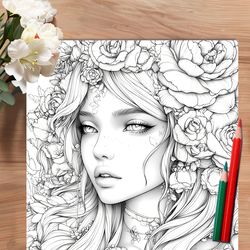 art therapy coloring book for adults and kids, stress relief with flowers and beautiful women themes for drawing