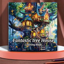 fantasy tree house coloring book for adults, relaxing art therapy sketchbook with hand drawn pages, for colored pencils